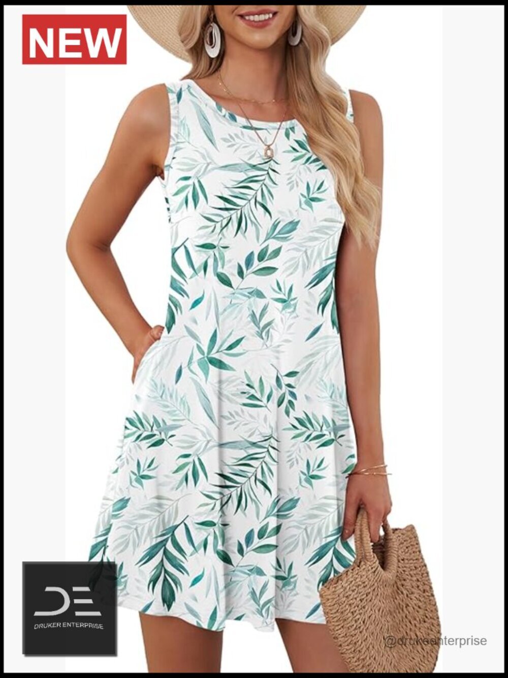 Women Sleeveless Boho Floral Sundress with Pockets Beach Coverup Casual Summer
